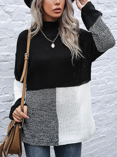 

Paneled Knitted Long Sleeve Simple Sweater, Black, Sweaters & Cardigans