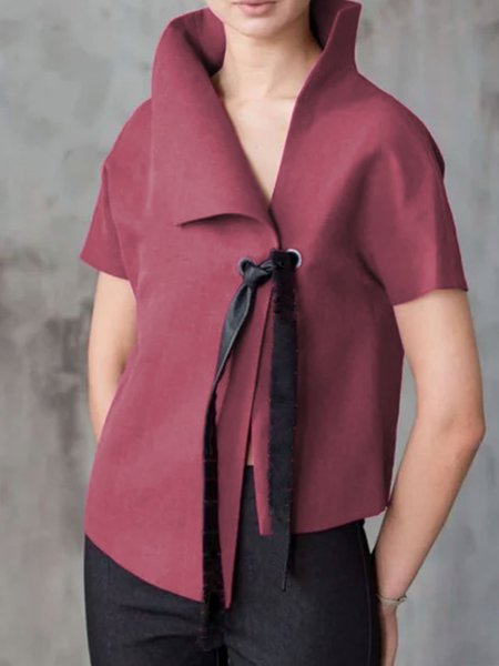 

Work Stand Collar Short Sleeve Top, As picture, Blouses and Shirts