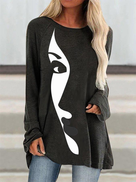 Stampato Girocollo Casuale Maniche Lunghe Top, Nero, Blouses & Shirts