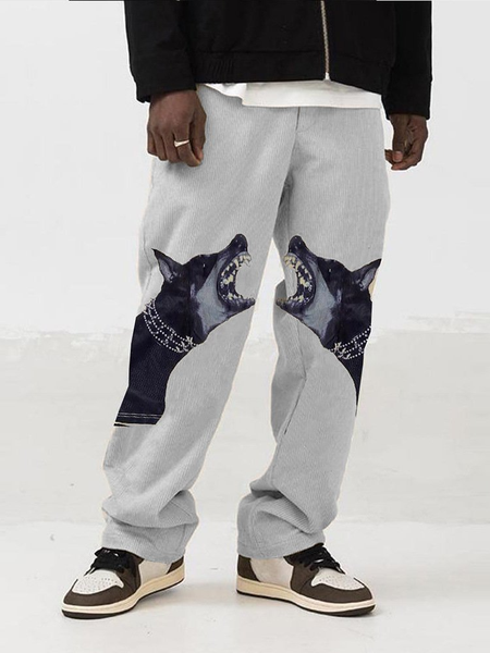 

Casual Wolf Printed Wide-leg Pants, Gray, Men's pants