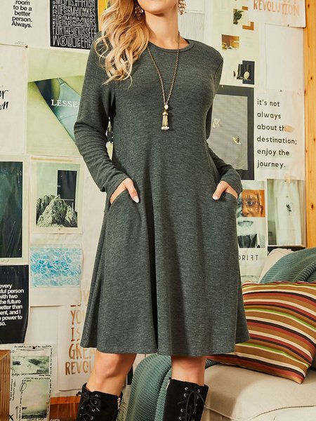 

Solid Long Sleeve Crew Neck Dresses, Gray, Casual Dresses