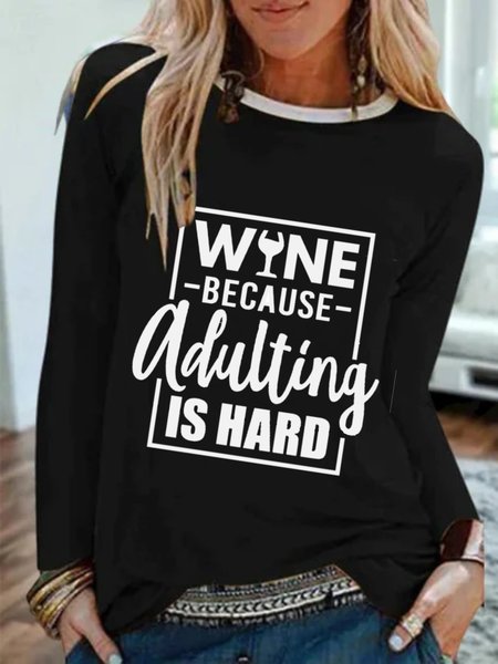 

Long Sleeve Round Neck Plus Size Printed Tops T-Shirts, Black, T-Shirts
