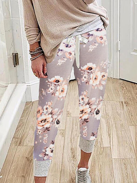 

Cotton-Blend Floral Casual Sports Pants, Pink, Pants