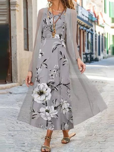 

Grigio Stampata Floreale Maniche Lunghe Casuale Dritto Suits, Maxi Dresses