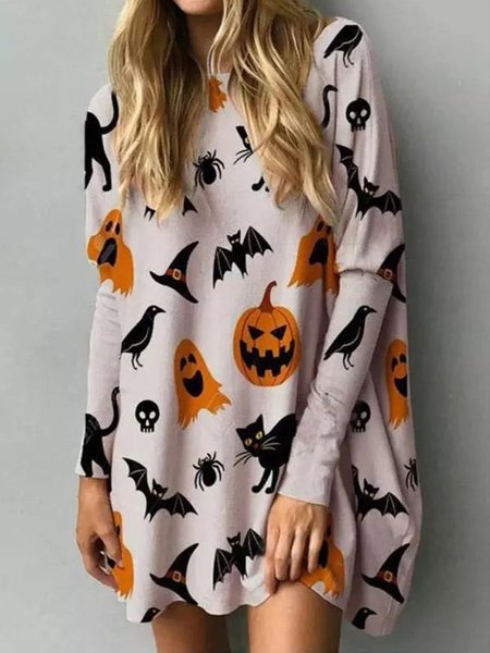

Halloween pumpkin Crew Neck Jersey Vintage Shift Dresses, Khaki, Mini Dresses