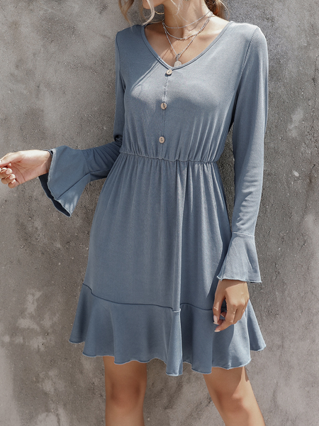 

Plain Long Sleeve Dresses, Blue, Casual Dresses