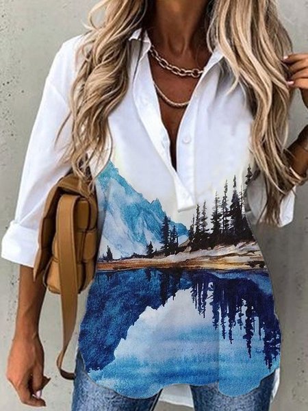 

Landscape Painting Long Sleeve Casual Shirts & Tops, White, Shirts & Blouses
