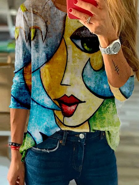 

Vacanza Girocollo Stampato Floreale Maniche Lunghe Top, Blu, Blouses & Shirts