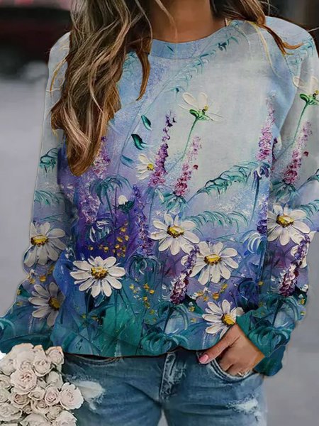 

Casual and simple floral print round neck long-sleeved polyester cotton sweatshirt, As picture, Hoodies&Sweatshirts