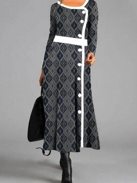 

Long Sleeve Casual Geometric Dresses, Gray, Boho dresses