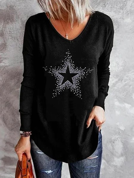 

The Star Diamond Long Sleeve V Neck Shift T-shirt, Black, Long sleeve tops