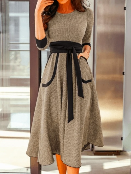 

Fall Color-block Cotton A-Line 3/4 Sleeve Lady Dresses, As picture, Midi Dresses