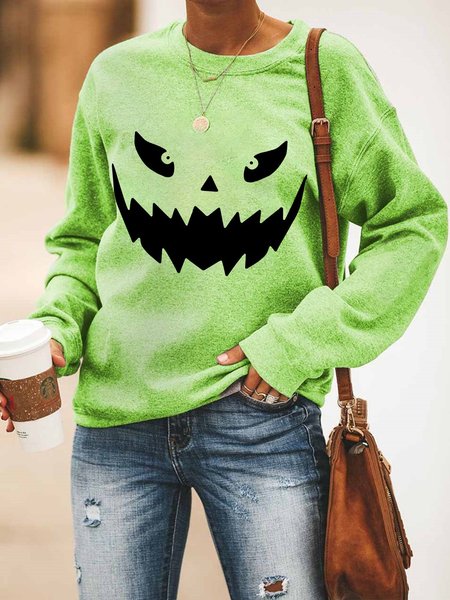 

Pumpkin Face Halloween Long Sleeve Casual Cotton-Blend Sweatshirt, Green, Hoodies&Sweatshirts
