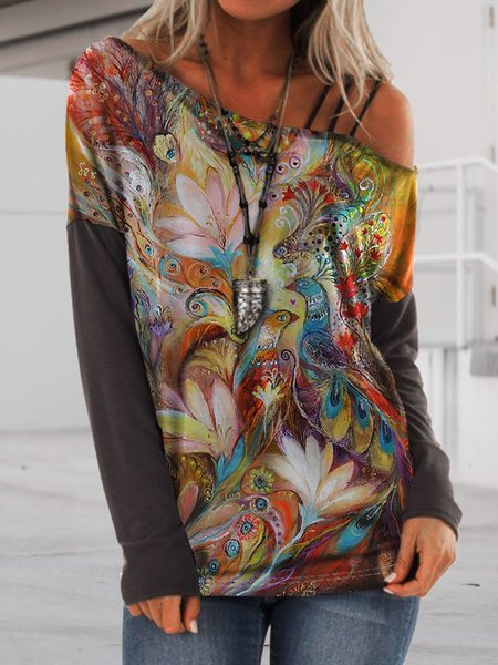 

Long Sleeve Statement Abstract Tops, As picture, Blouses & Shirts