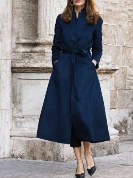 

Long Sleeve Shift Solid Elegant Outerwear, Dark_blue, Coats