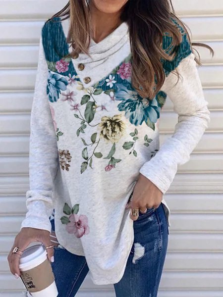 

Long Sleeve Cotton-Blend Floral Shirts & Tops, White-gray, Long sleeve tops