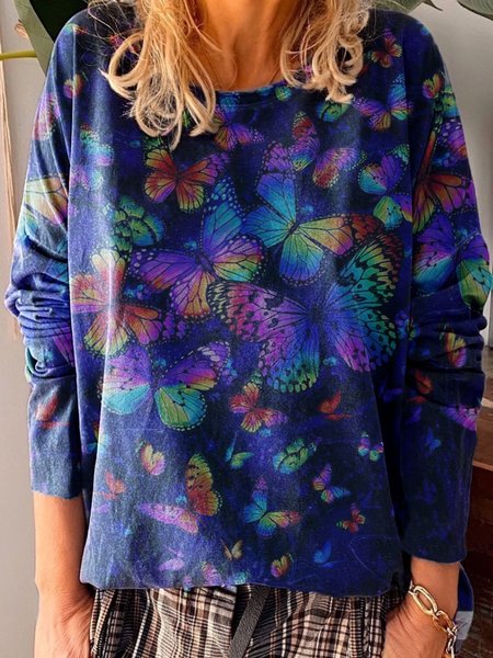 

Round Neck Simple Cotton-Blend Printed T-shirt, Multicolor, T-Shirts