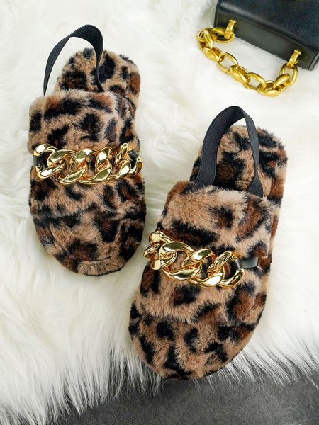 

Golden Chain Leopard Print Color Faux Fur Autumn And Winter Sandals, Slippers