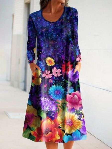 

Long Sleeve Bateau/Boat Neck Dresses, Multicolor, Midi Dresses