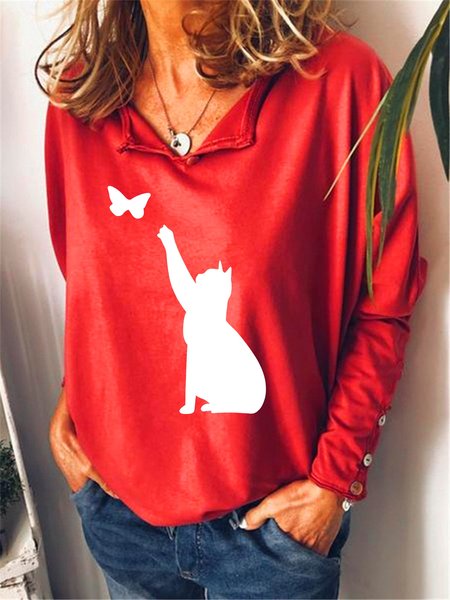 

Cat Butterfly Women's Long Sleeve Lapel Top, Red, Hoodies&Sweatshirts