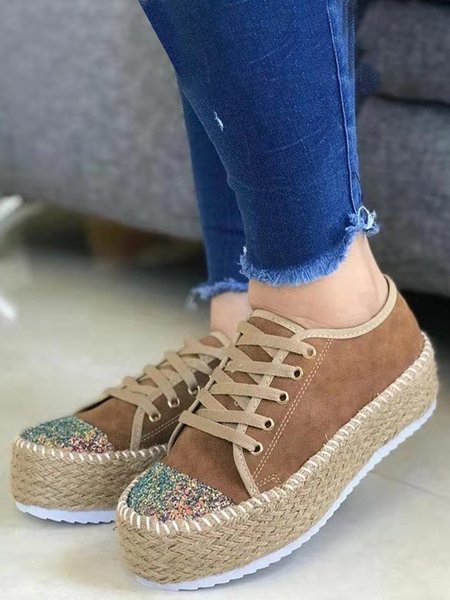 

Shiny Glitters Lace-up Woven Sole Shoes, Brown, Flats & Loafers