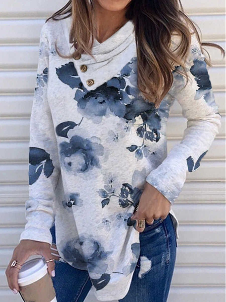 

Autumn/Winter V-Neck Floral Ink Painting Print Button Casual Ladies T-Shirt, White, Long sleeve tops