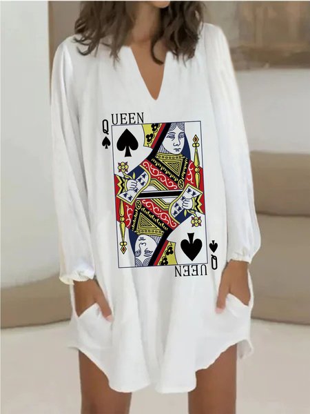 

Casuale Scollo a V Maniche Lunghe Stampato Abito, Bianco, Dresses