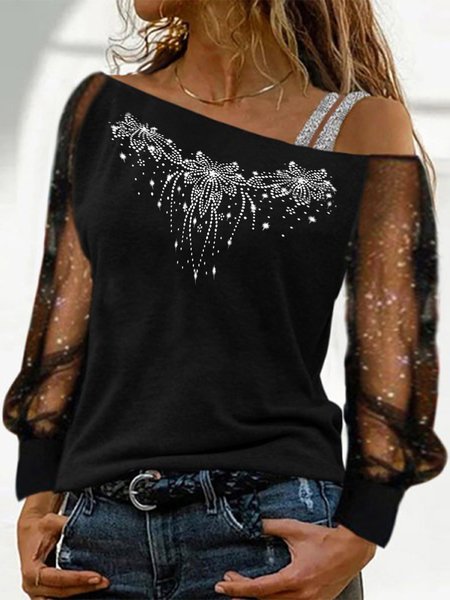 

Vintage Mesh Shiny Floral Long Sleeve Plus Size Casual Tops, Black, T-Shirts