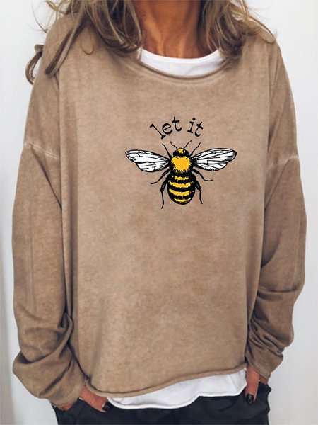 

Let it bee.Printed round neck long-sleeved polyester cotton sweatshirt, Khaki, Hoodies&Sweatshirts