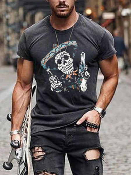 Mexican Skull Print Casual Men's T-shirt, Deep gray, T-shirts
