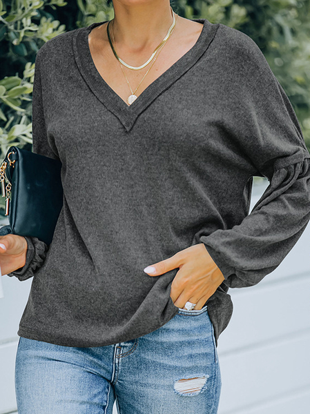 

Balloon Sleeve Cotton Plain V Neck Shirts & Tops, Gray, Tees & T-shirts