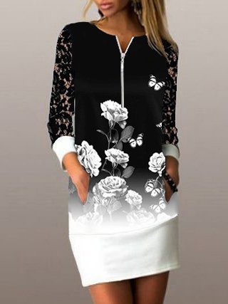 

Scollo a barchetta manica lunga LAbiti normali casual, Nero-bianco, Dresses