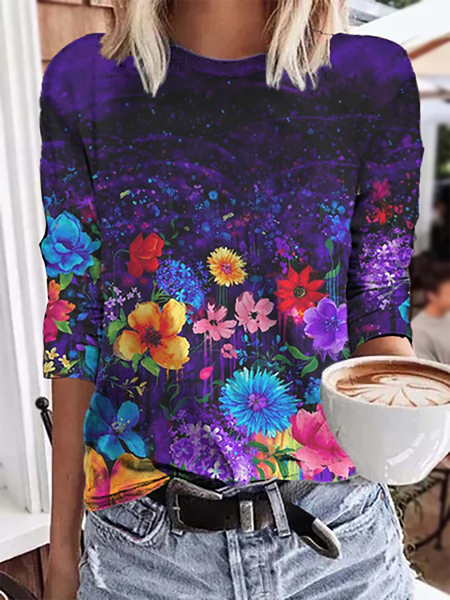 

Maniche Lunghe Stampata Floreale Camicie & Top, Viola, T-Shirts