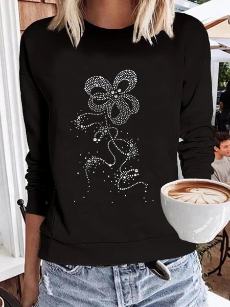 

Diamond Flower Crew Neck Long Sleeve Casual Shirts & Tops, Black, Long sleeve tops