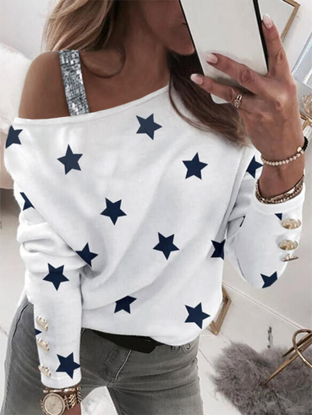 

Manica lunga Stampare Carmen misto cotone Camicie & Camicette &Camicie, Bianco, Blouses & Shirts