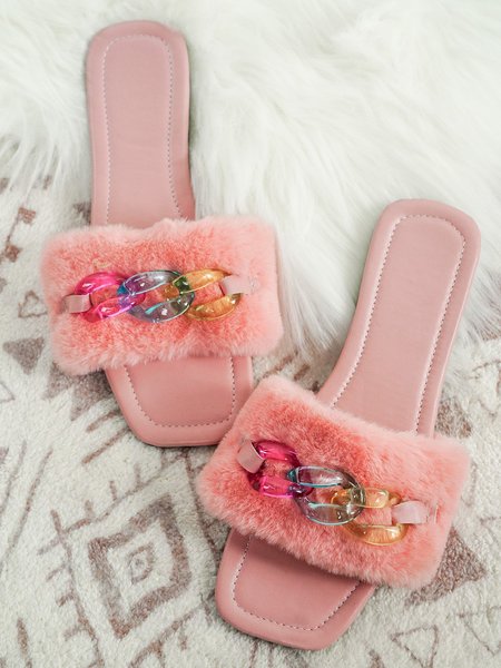 

Rainbow Color Acrylic Chain Faux Fur Slippers, Pink, Sandals