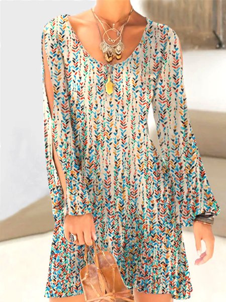Casual A-Line Crew Neck Long Sleeve Printed Knitting Dress, As picture, Mini Dresses
