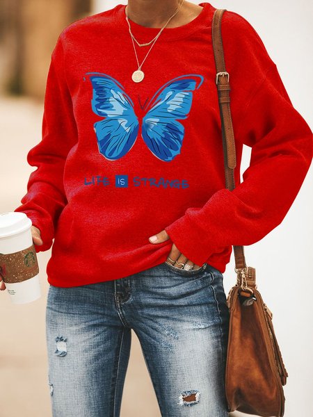 

Butterfly Print Women's Long Sleeve Cotton-Blend Crew Neck Shift Sweatshirt, Red, Hoodies&Sweatshirts
