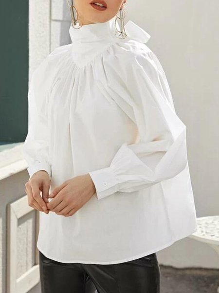 

Long Sleeve Stand Collar Solid Shirts & Tops, White, Blouses and Shirts