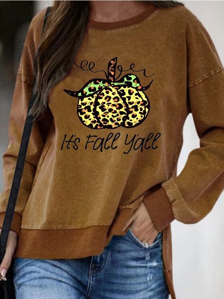 

It's fall yall.Pumpkin print round neck long-sleeved polyester cotton Sweatshirts, Brown, Hoodies&Sweatshirts