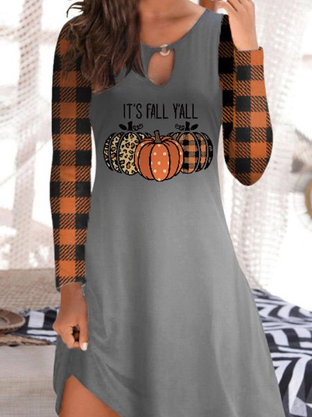

Shift Crew Neck Printed Long Sleeve Dresses, As picture, Midi Dresses