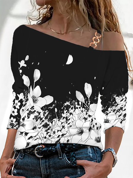 

Grandi Taglie Spalle Scoperte Manica Lunga Floreale Camicie & Camicette &Camicie, Nero-bianco, Blouses & Shirts