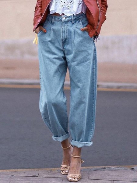 

Plain Casual Denim Pants, Blue, Jeans