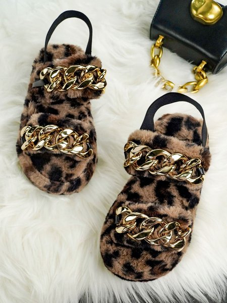 

Golden Chain Leopard Print Color Faux Fur Autumn And Winter Sandals, Sandals