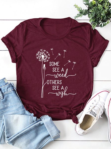

Some See A Weed Others See A Wish Print Short Sleeve Tshirt, Wine red, T-shirts