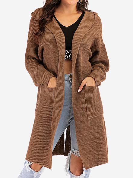 

Long Sleeve Hoodie Casual Knitted Outerwear, Coffee, Cardigans