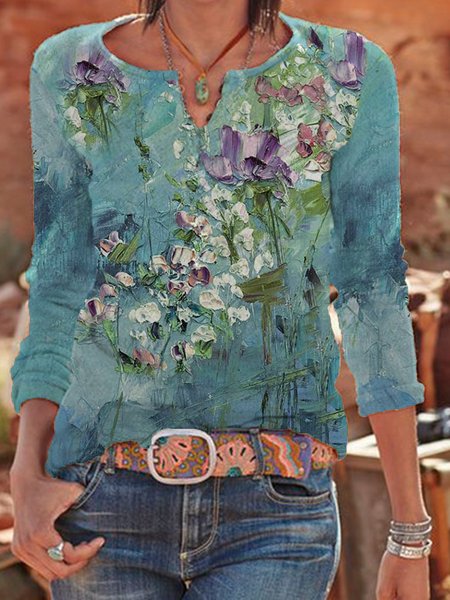 

Shift Long Sleeve Printed V Neck Shirts & Tops, As picture, Tees & T-shirts