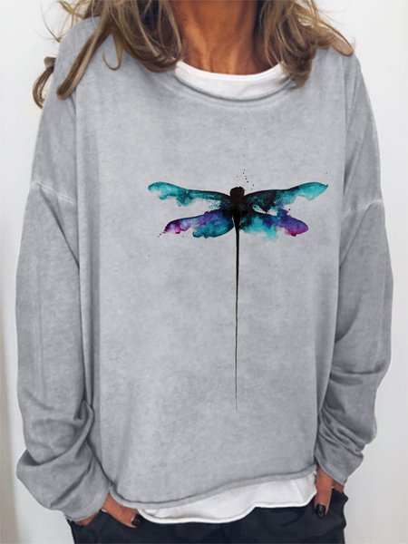 

Dragonfly Print Ladies Round Neck Long Sleeve Sweater, Gray, Hoodies&Sweatshirts
