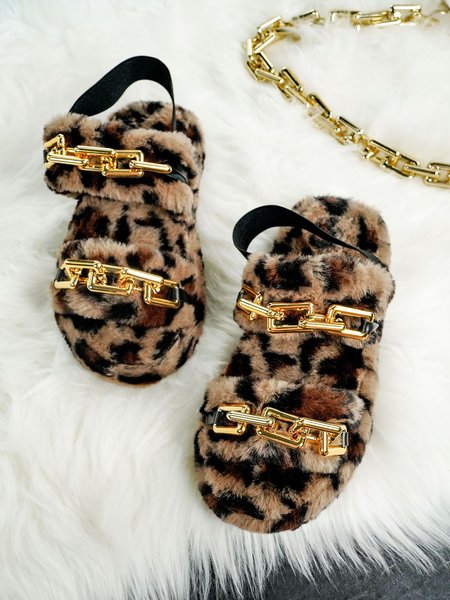 

Square Golden Chain Leopard Print Color Faux Fur Autumn And Winter Sandals, Slippers