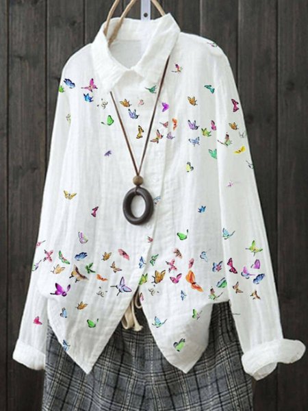 

Maniche Lunghe Cotone Vintage Stampato Camicie & Top, Bianco, T-Shirts